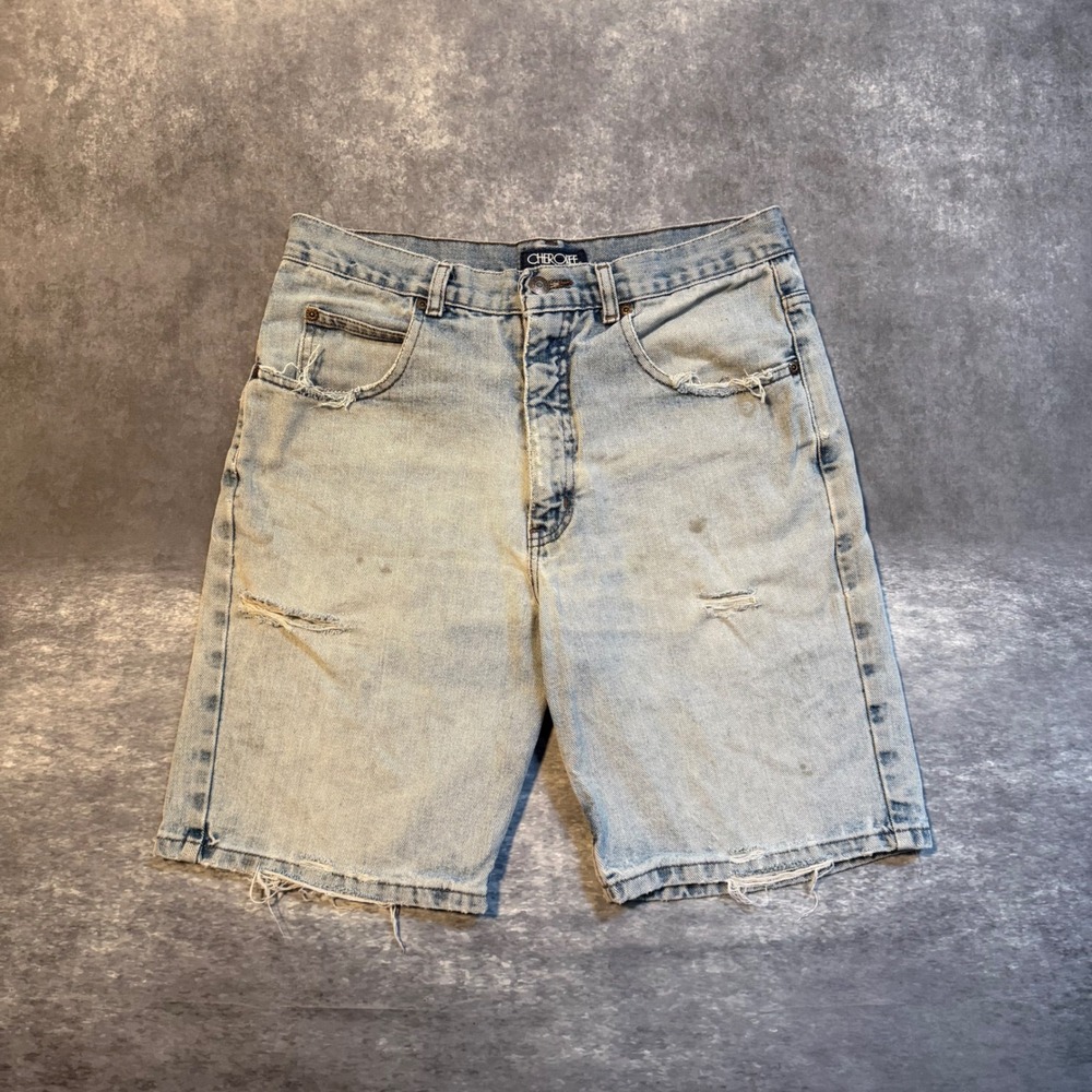 Vintage Cherokee Mens Distressed Denim Jean Shorts Light Wash‎ Size 32 90s Y2K